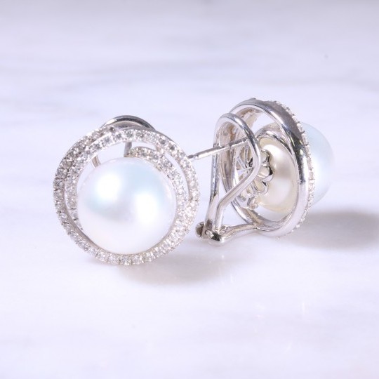 Cultured Pearl & Diamond Swirl Earrings