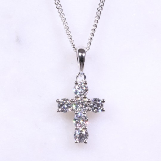 Round Brilliant Diamond 6 Stone Cross Necklace