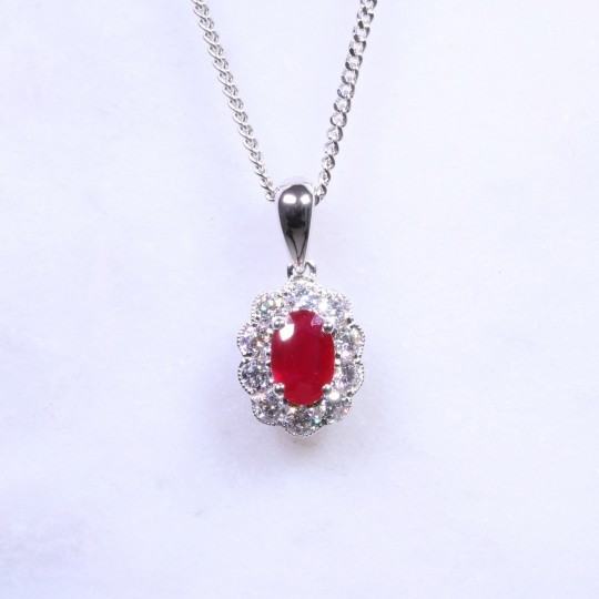 Oval Ruby & Diamond Milgrain Cluster Necklace