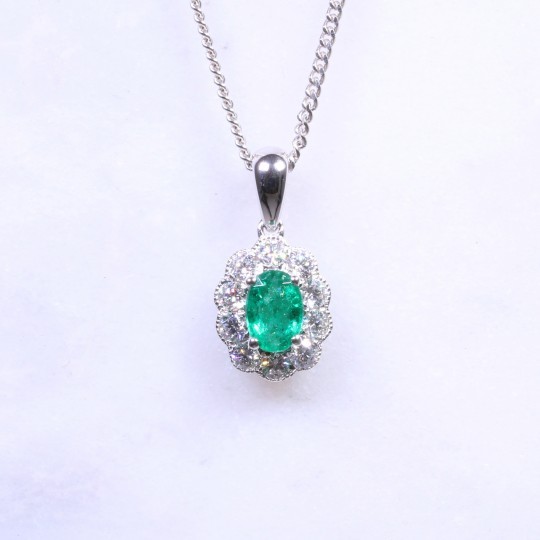 Oval Emerald & Diamond Milgrain Cluster Necklace